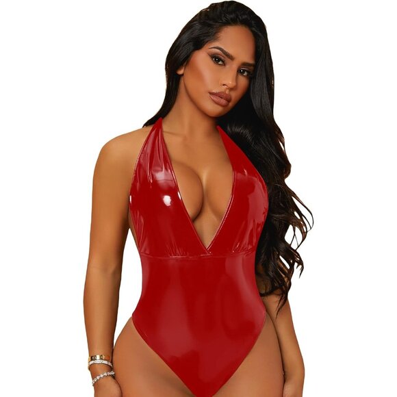 Wdirara Tops - WDIRARA Deep V Neck Sleeveless PU Leather Bodysuit Halter Top – Size S, NWT